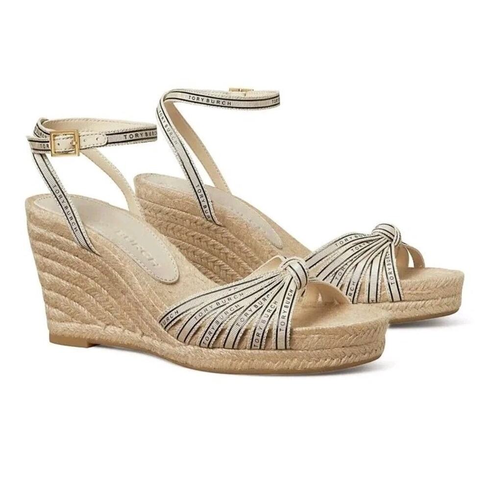 Tory Burch Beige Logo Strappy Ribbon Wedge Espadrille Sandals Heels Sz 7.5/8 - Picture 2 of 10